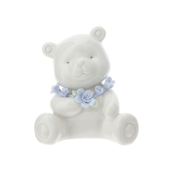 Hervit - Orsetto in porcellana bianco 11cm con collare blu