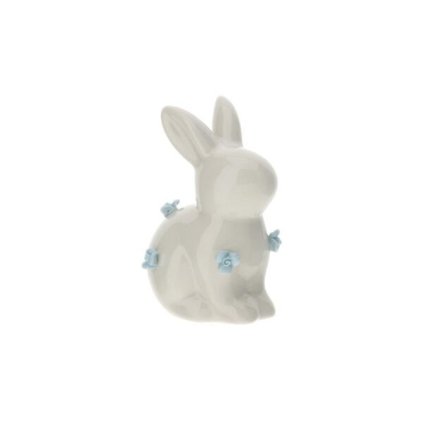 Hervit - Coniglio bianco in porcellana 10 cm con fiori blu