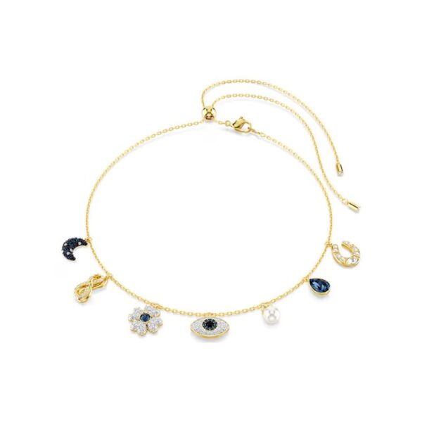 Swarovski - Girocollo Symbolica Luna, infinito, quadrifoglio, evil eye e ferro di cavallo, Blu, Placcato color oro