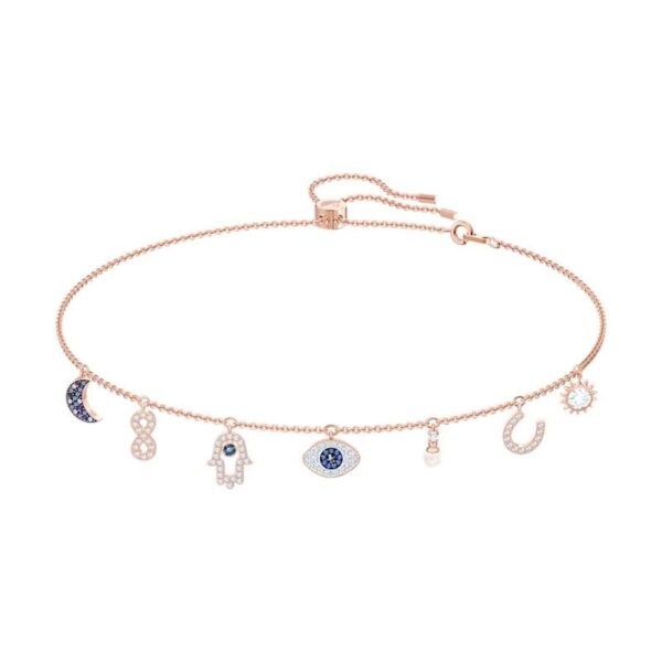 Swarovski - Collana Swarovski Symbolic Luna, infinito, mano, evil eye e ferro di cavallo, Blu, Placcato color oro rosa