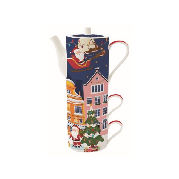 Easy Life - Set Teiera con tazze impilabili 500 ml in porcellana - Santa in Town