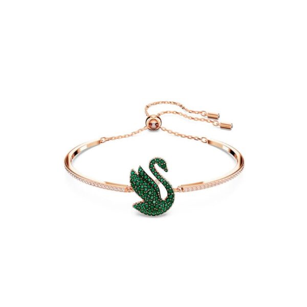 Swarovski - Bracciale rigido Swarovski Iconic Swan Cigno, Verde, Placcato color oro rosa